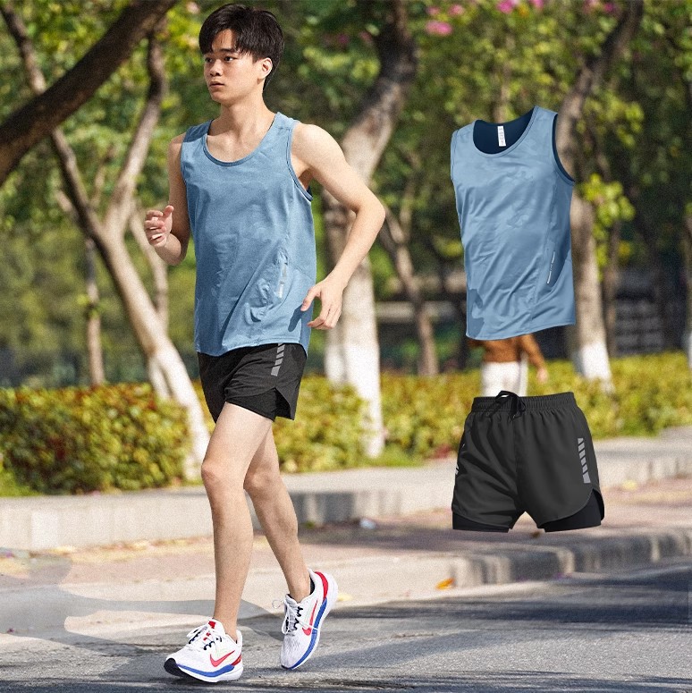 Ropa de fitness para hombres maratón atletismo chaleco deportivo running set entrenamiento de verano hielo equipo de secado rápido