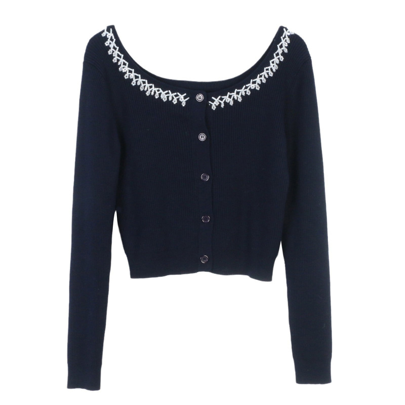 Ladies Women's Knitted Cardigan Spring and Autumn New Niche Bead Decoration Slim-fit Short French Knitted Sweater