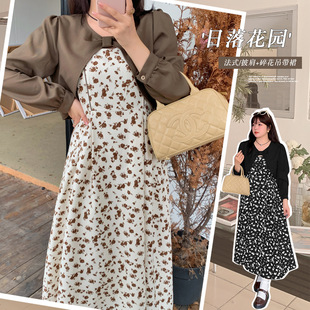 W1086 Xuanchen Slightly Fat mm Atmosphere French Bow Shawl Top Floral Dress Suit-Bfd