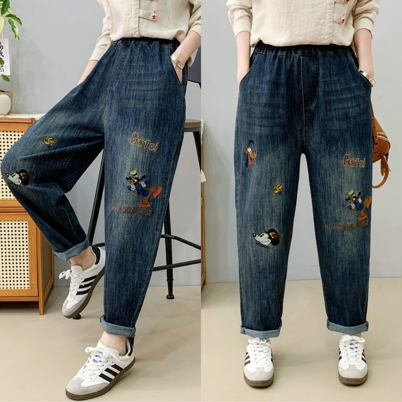 文学レトロ花刺繍ストレッチジーンズ女性の春夏の新しいルーズプラスサイズスリム多用途ハーレムパンツ|undefined