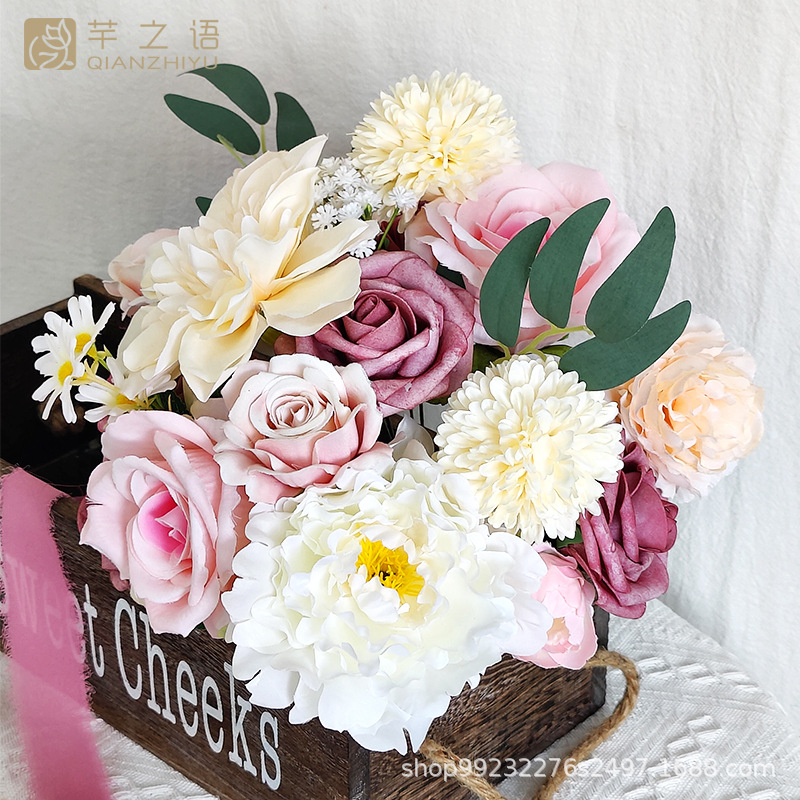 亞馬遜熱銷仿真花永生花禮盒花盒DIY手捧花籃婚禮訂婚派對(duì)禮物