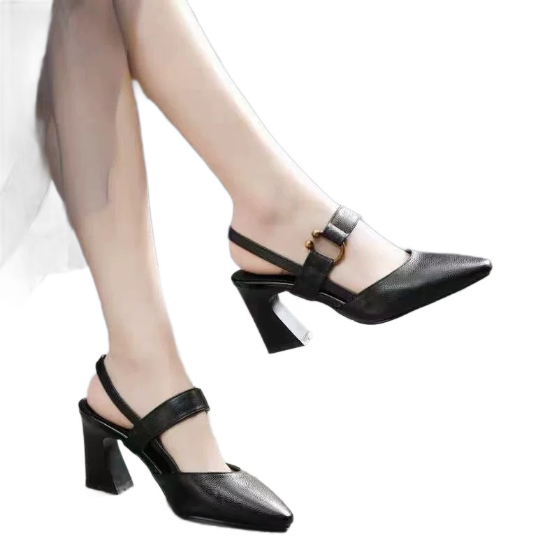 2026 sandalias de tacones gruesos de punta de verano de mujer hebilla de cuero suave tacones altos de albaricoque negro de verano sandalias francesas