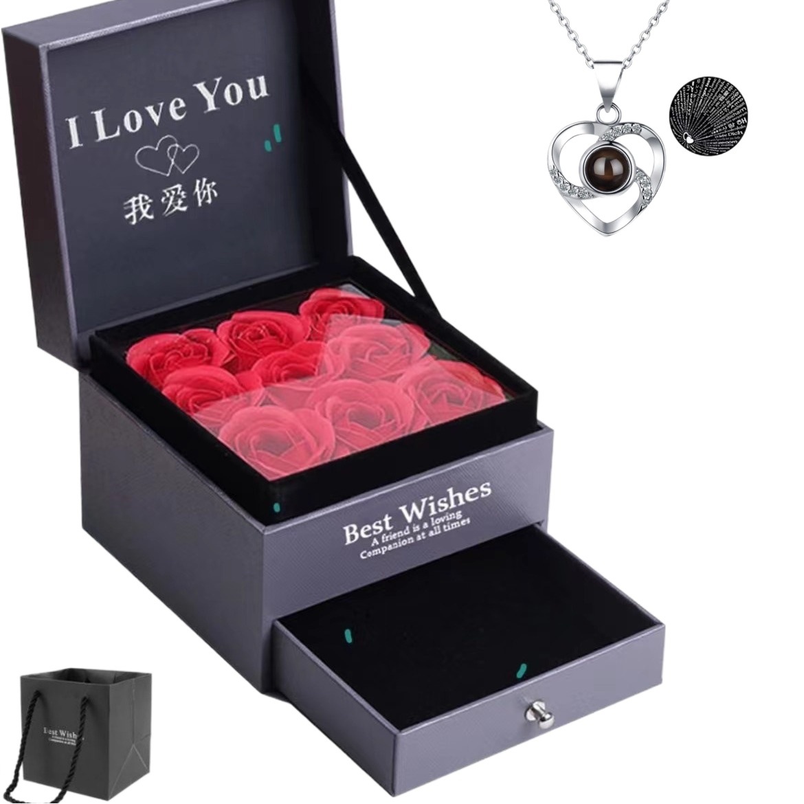 Estrictos accesorios de selección Amazon populares 100 idiomas te amo collar de proyección femenina transfronteriza minería caliente colgante de corazón redondo