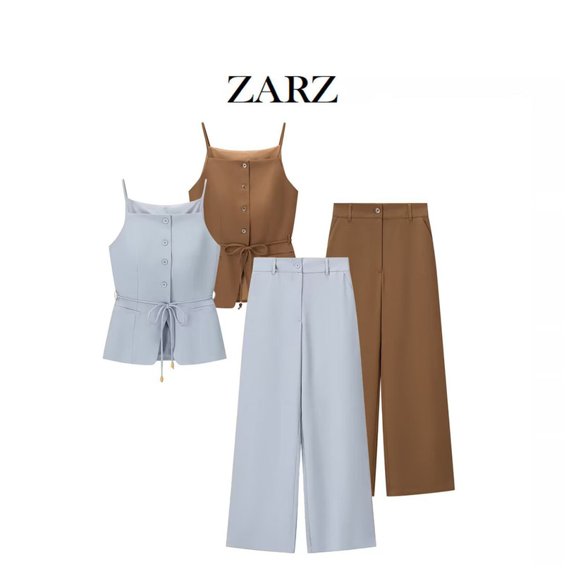 Zarz Homemade European and American Style New Women's Clothing Fashionable Beaded Belt Vest High Waist Straight Pants