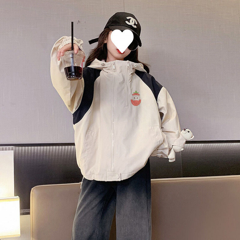 (2개) 여자 후드 컬러 블록 재킷 2024 가을 새로운 스타일 중형 및 대형 어린이 유행 캐주얼 지퍼 셔츠 아동 재킷 트렌드