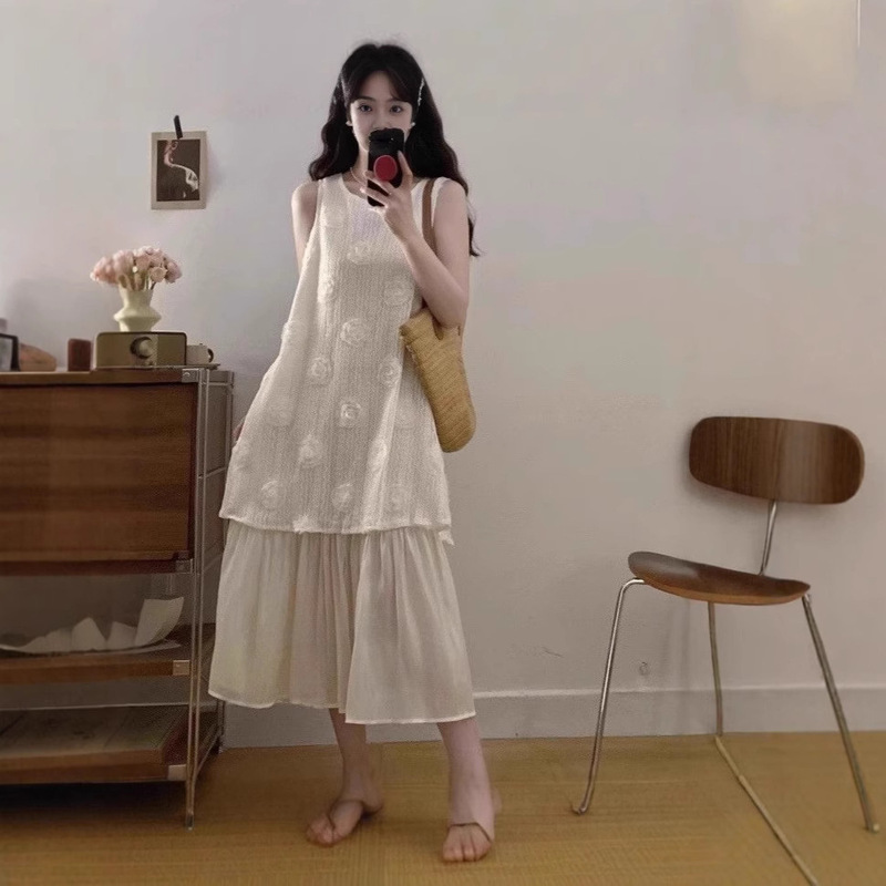 plus size chubby girl Summer French Retro Gentle Style Fake Two-piece Pleated Sleeveless Vest dress Women's Elegant Long Dress plus size chubby girl Summer French Retro Gentle Style Fake Two-piece Pleated Sleeveless Vest dress Women's Elegant Long Dress