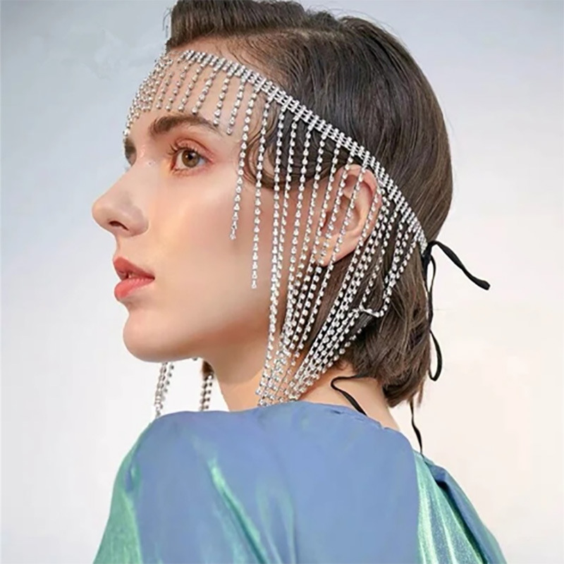 Tendencia transfronteriza rhinestone diadema personalidad europea y americana moda borla frente cadena alto sentido accesorios headwear