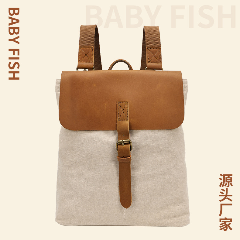 日韩复古疯马皮帆布双肩包 时尚背包大容量通勤大学生休闲双肩包