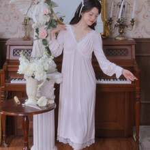 宫廷复古风V领蕾丝边带胸垫A字版睡裙莫代尔长款连衣裙舒适家居服