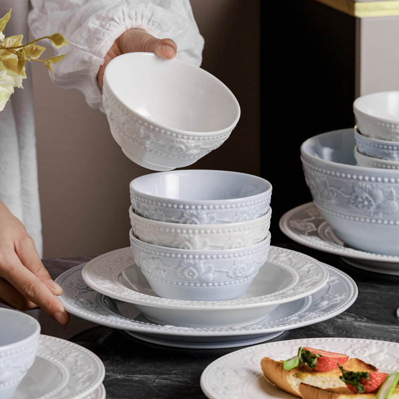 Wholesale French Plate Bowl Dish Plate suit Embossed Ceramic Bowl High Color Value Tableware Household Rice Bowl Underglaze Color Bowl Plate