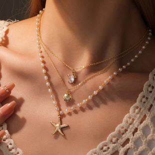 Summer Ocean Series Necklace Three-piece Set Female Starfish Turtle Pendant Clavicle Chain Inlaid with Zircon Cross-border Hot Selling Wholesale