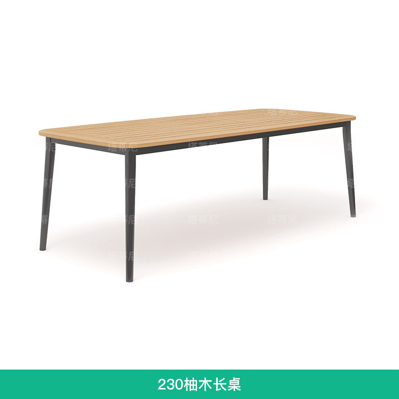 Mesas y sillas de ratán para exteriores, muebles de ocio impermeables y resistentes al sol para patio exterior, conjunto de mesa larga de teca para jardín o balcón de villa