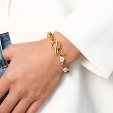 韩国跨境外贸批个性手链镀金OT珍珠手链韩版时尚珍珠钛钢手链女