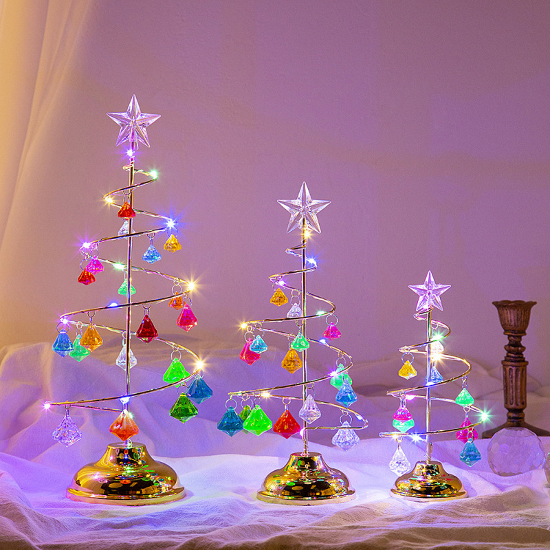 クリスマス装飾品プレゼントメッキ鉄芸樹LED発光水晶クリスマスツリー水晶置物夜灯|undefined