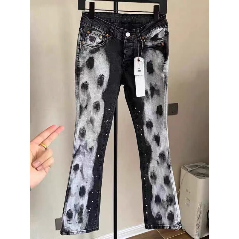 Men's Foreign Trade Jeans with Ink Splatter, Slim Fit, Trendy Brand, Graffiti, Faux Ripped, Stretchy Patches, Flared Wide-Leg Pants