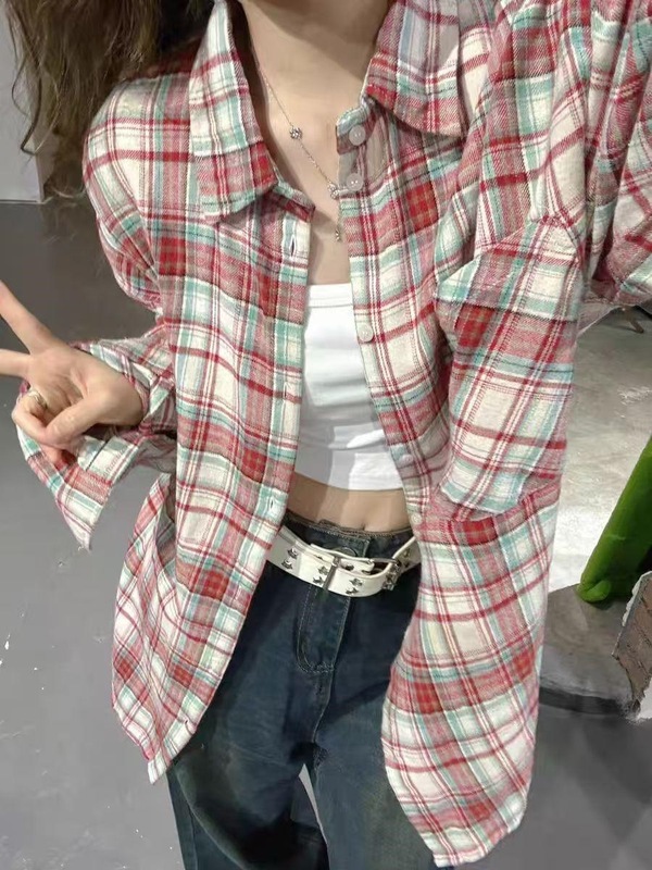 复古宽松慵懒风格子衬衫女早秋新品韩版休闲简约长袖外搭通勤小衫|undefined