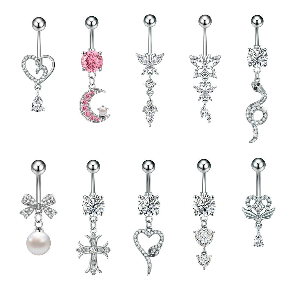 Трансграничный коммерт новый жемчуг в форме сердца змея крест розовый циркон пупок кольцо из нержавеющей стали циркон пупок пуп гвоздь