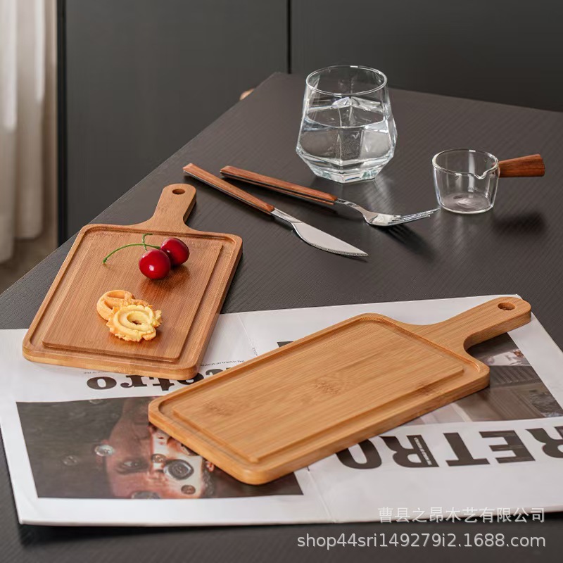 竹木质披萨托盘点心面包盘牛排盘竹制品长方形手柄多用盘