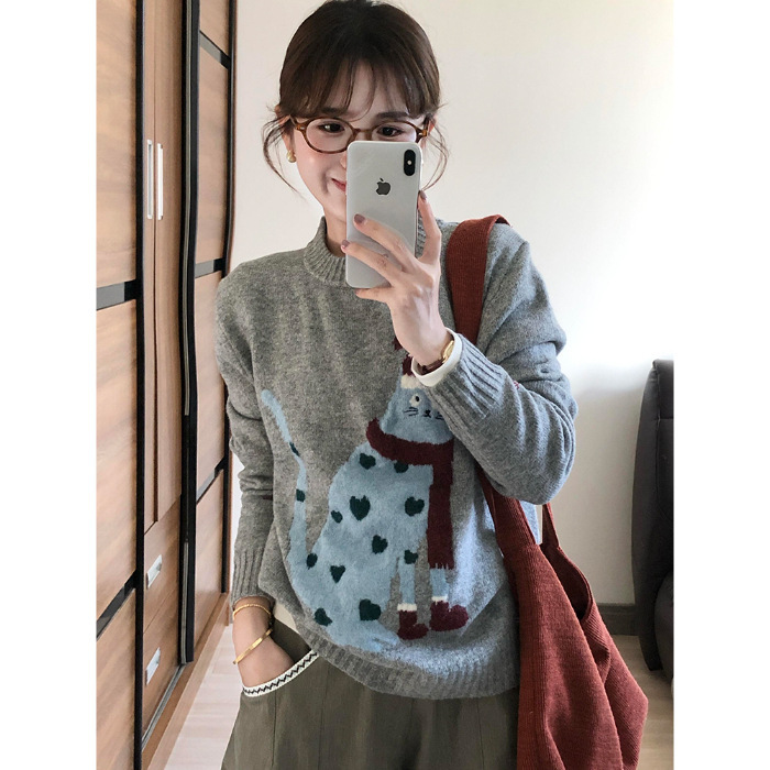 早秋氛围感巨好看的韩系可爱猫咪套头内搭毛衣针织衫女装2025秋季|undefined