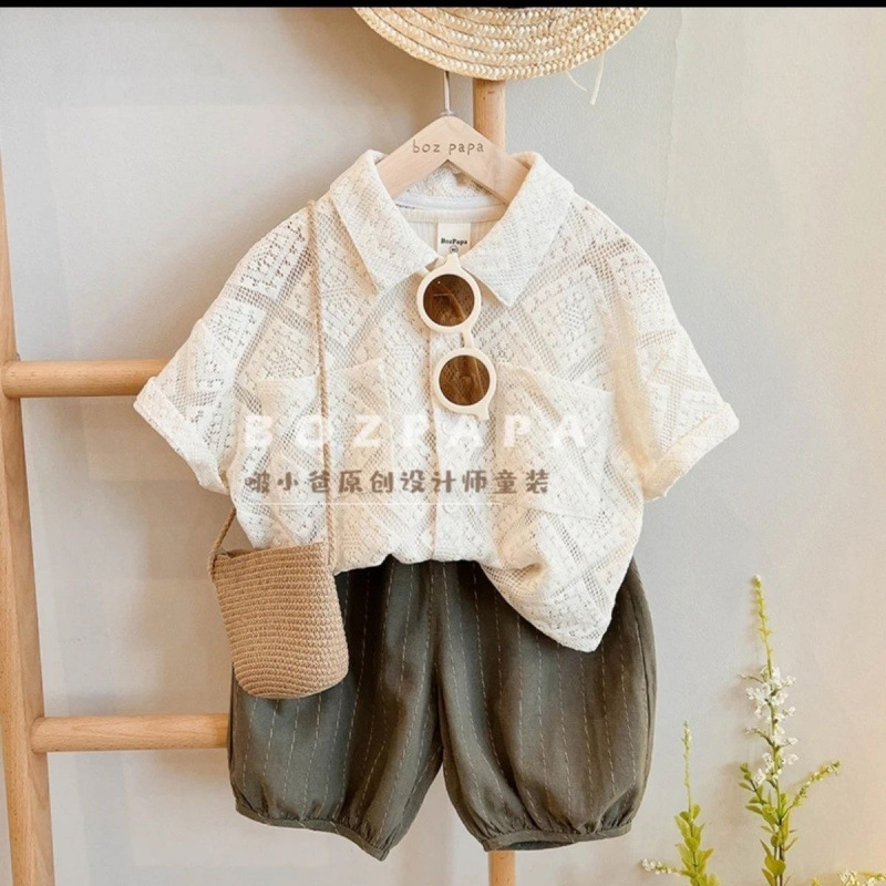 Boys Summer Suit 2025 Fashionable New Style Kidsren's Korean Style Cut Out Shirt Baby Summer Loose Two-Piece Trendy Set