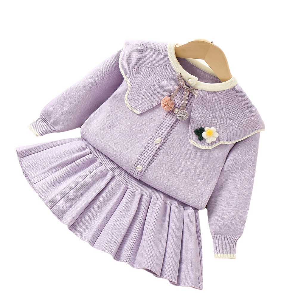 Djevojački pulover za jesen 2023., novi modni korejski jednobojni pleteni set od dva dijela s velikim ovratnikom_voghion.com