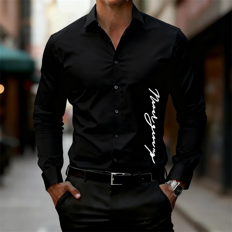 Cross-Border Exclusive Supply: Men's Simple English Signature Print Shirt, Everyday Slim Fit Style, 1688 Factory Direct Supply