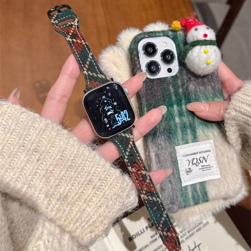 Christmas and New Year Woolen Leather Strap Suitable for Apple Watch S11 Generation Iwatchs98 Senior Women's Width 22mm