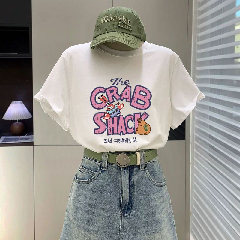 蜜桃粉色t恤女短袖2025新款夏季字母卡通大版宽松显瘦纯棉上衣|undefined