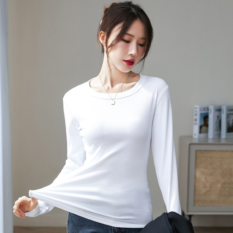 圆领棉织打底衫女春秋冬简约加厚修身内搭长袖保暖上衣 一件批发