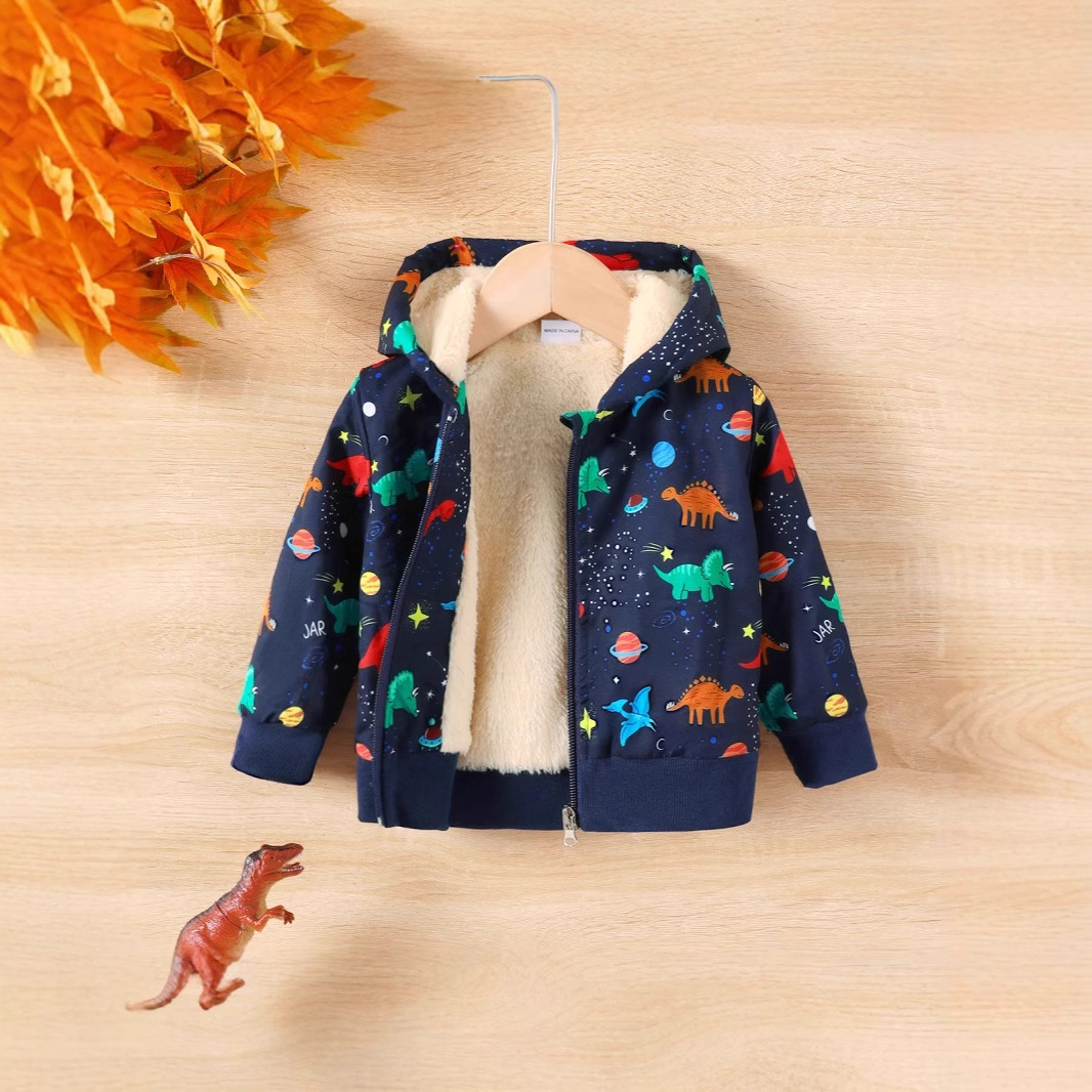 男童宝宝长袖连帽恐龙印花套装秋冬季儿童外套跨境童装