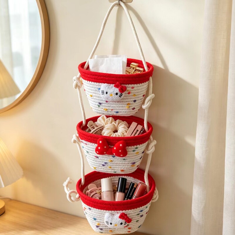 New Three-Layer Wall-Mounted Storage Basket, Hanging Basket for Dorm Room, Wall-Mounted Bag, Cotton Thread Woven Wall-Hanging Storage Basket for Behind the Door