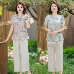 母の日の服のお母さんの夏服のスーツの洋風の中高年の婦人服の新しい中国風の半袖の上着の2つのセット