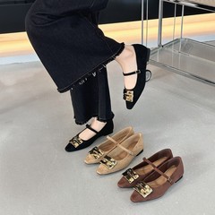 Binli 25 秋の新スタイルハードウェアスクエアバックルフレンチメリージェーンシューズスクエアトゥ浅い口ワンラインバックルストラップシューズ