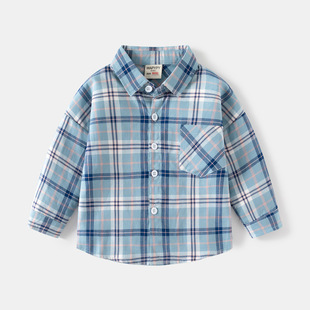 Dropshipping 2024 New Boys' Shirts, Kidsren's Long-Sleeved Shirts, Korean Style Loose Shoulder Baby Plaid Square Collar Shirts