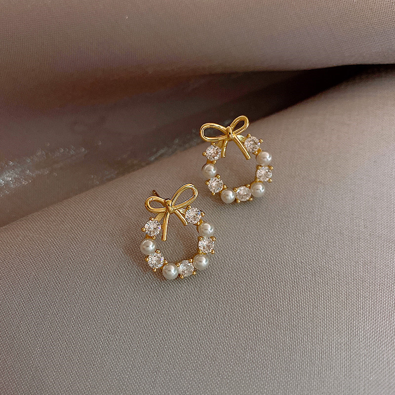 fashion small bow alloy diamond stud earrings for women