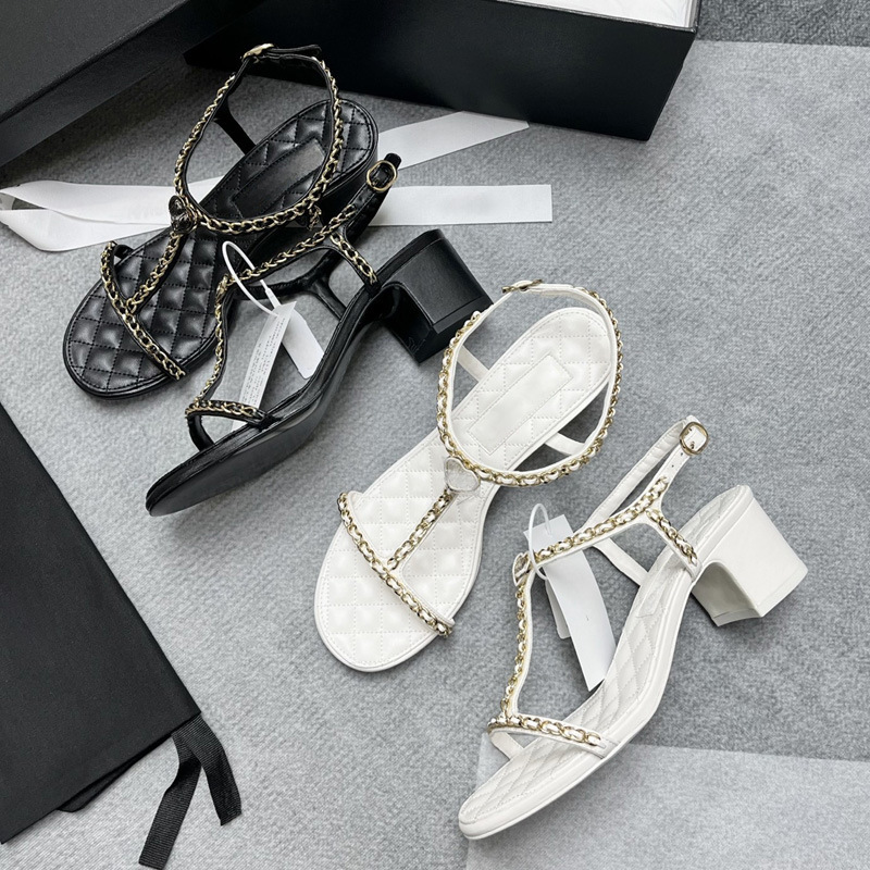 High-End Edition! Sweet and Elegant Style Metal Chain T-Strap Chunky Heel Sandals for Women, French-Style Quilted Genuine Leather High Heels