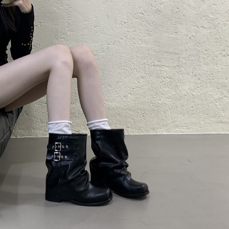 皮带扣厚底粗跟堆堆靴女2025新款褶皱裤管短靴复古骑士马丁靴|undefined