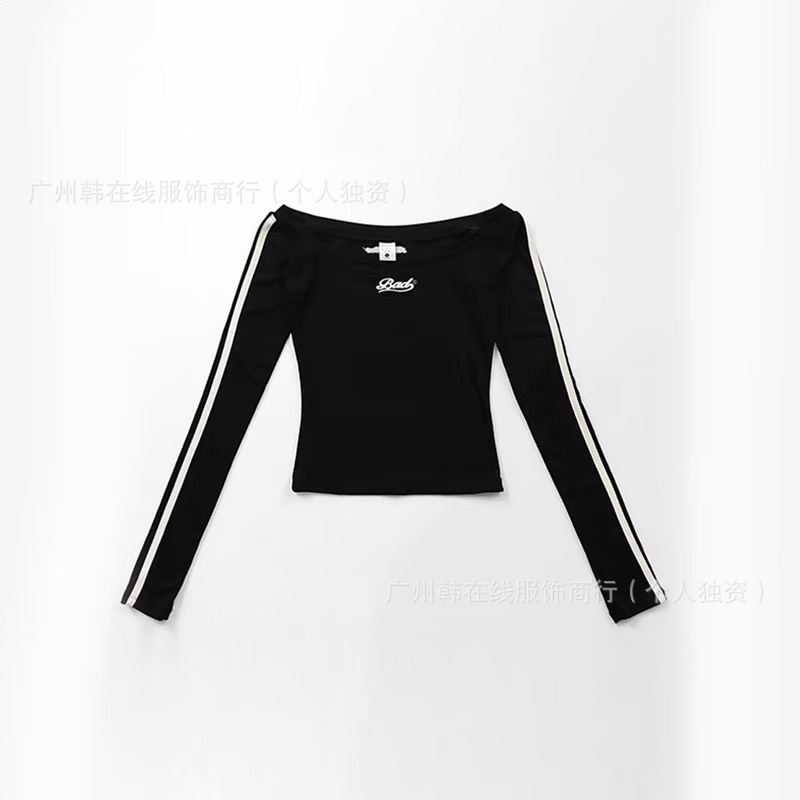 宁艺卓同款Badblood韩国小众品牌刺绣字母织带一字肩露肩长袖T恤|undefined