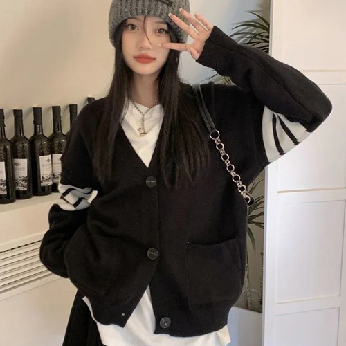 Women's Autumn/Winter Color-blocked Knit Cardigan Sweater with Striped Sleeve, Loose Fit Overcoat for College Style