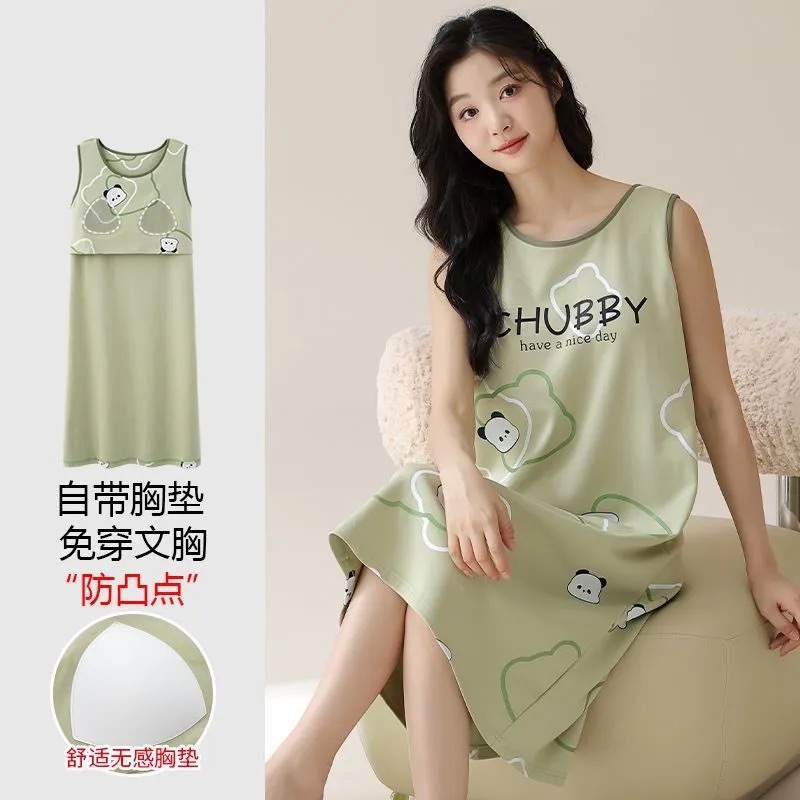 2025 pijama de verano de mujer cintura cojín de pecho chaleco vestido sin mangas ropa de pijama de damas mediana y larga gran tamaño comercio exterior transfronterizo