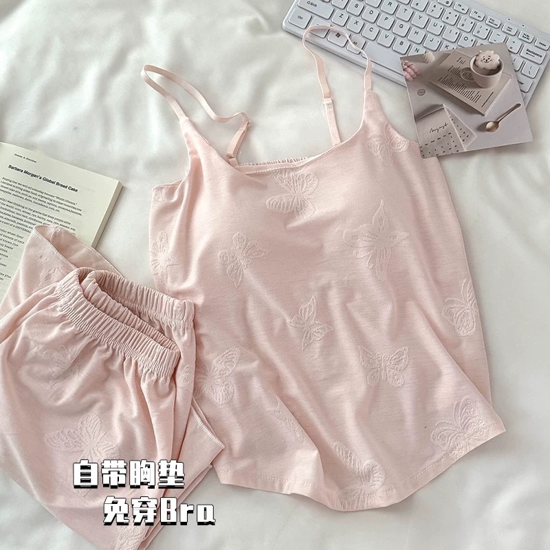 Women's Summer Modal Cotton Sleeveless Suspender Sexy 2025 New Summer Home Wear Two-Piece Set with Breast Pads