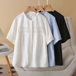 Plus Size Women's Shirt Pleated Short-Sleeved Cardigan Thin 2025 Summer Simple and Versatile Elegant Shirt Versatile 842