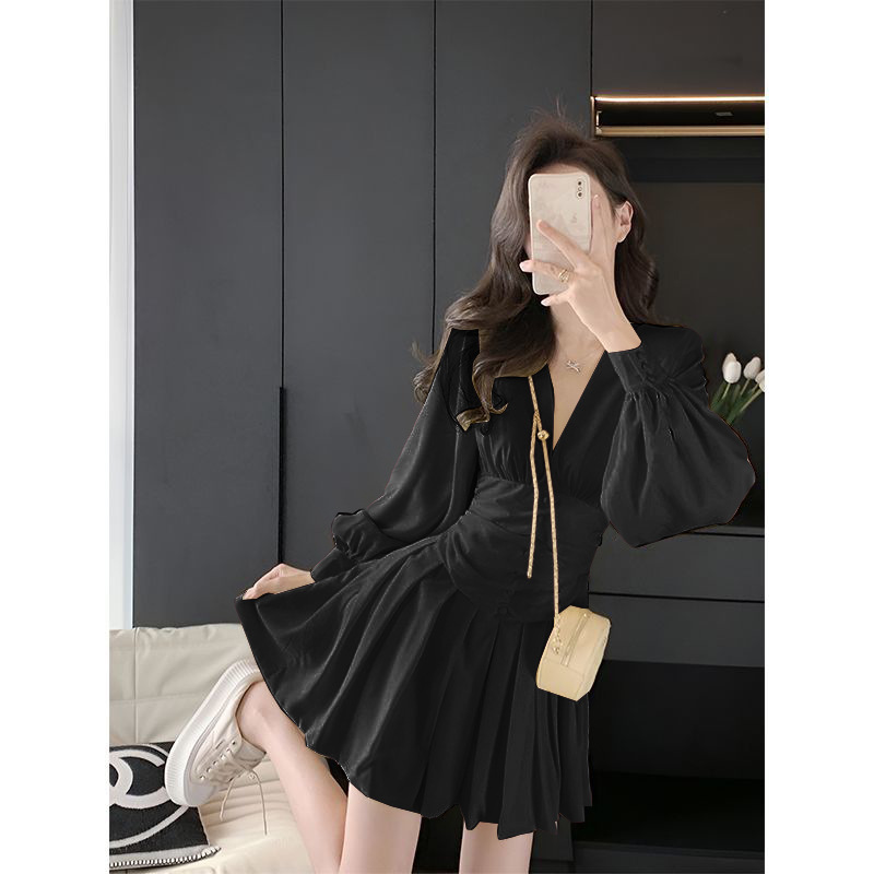 Women's Chiffon V-Neck Lantern Sleeve Mini Dress
