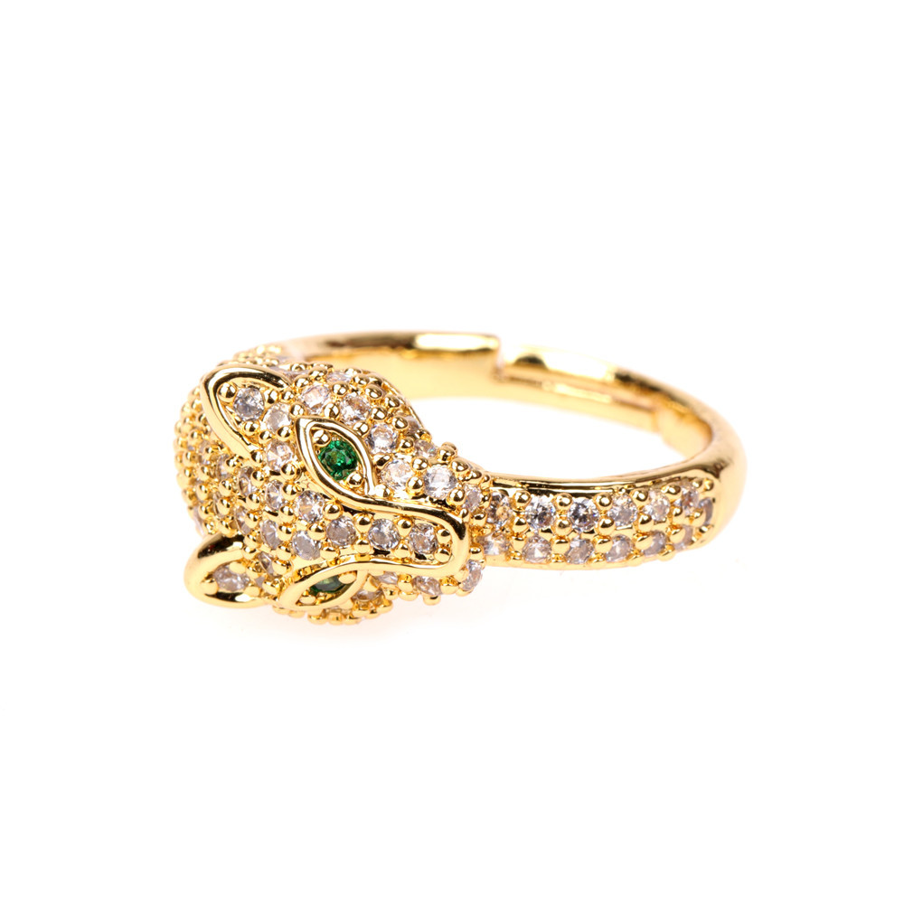 Hip Hop Green Eye Leopard Head Full Diamond Ring Wholesale display picture 4