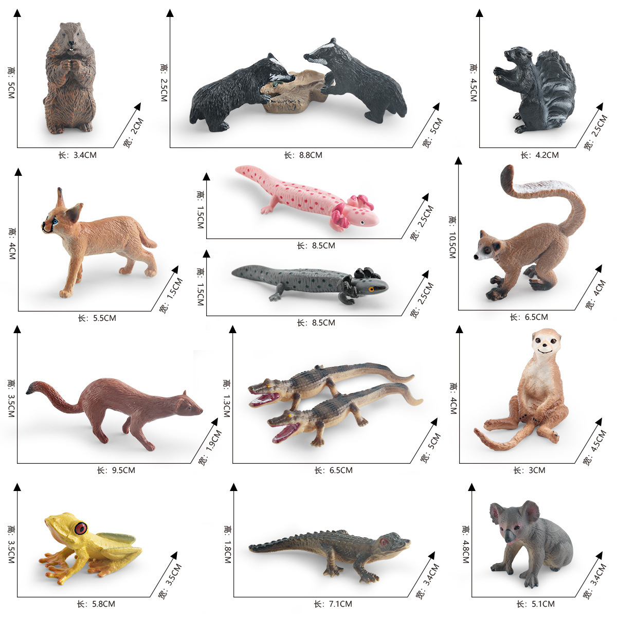 Simulación transfronteriza bosque animal de cola larga mono rana de árbol cocodrilo Koala Weasel mofeta tejón salamandra modelo adornos