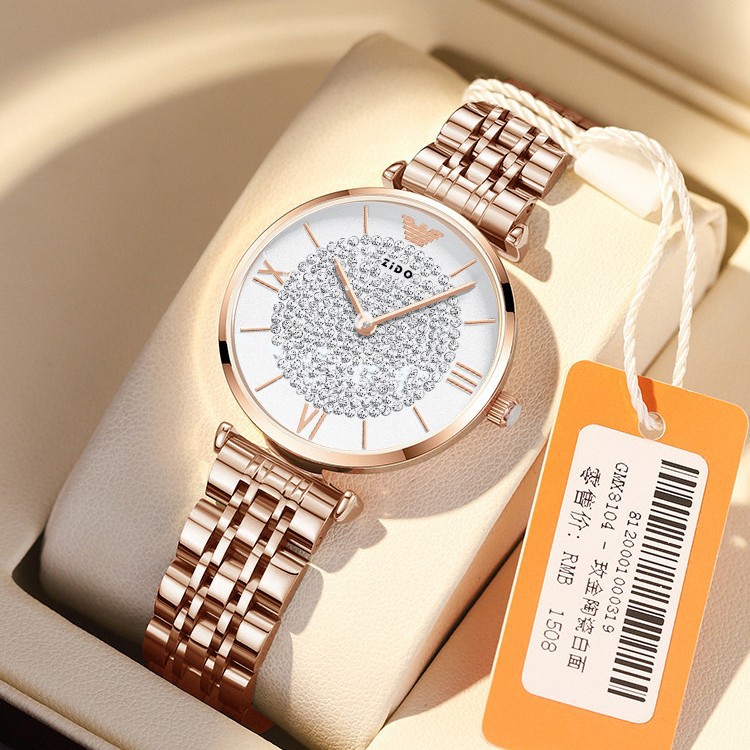Zido Brand Fashion Sports Watch Women's Casual Trend Diamond-Encrusted Gypsophila Steel Belt Butterfly Buckle Ladies Watch