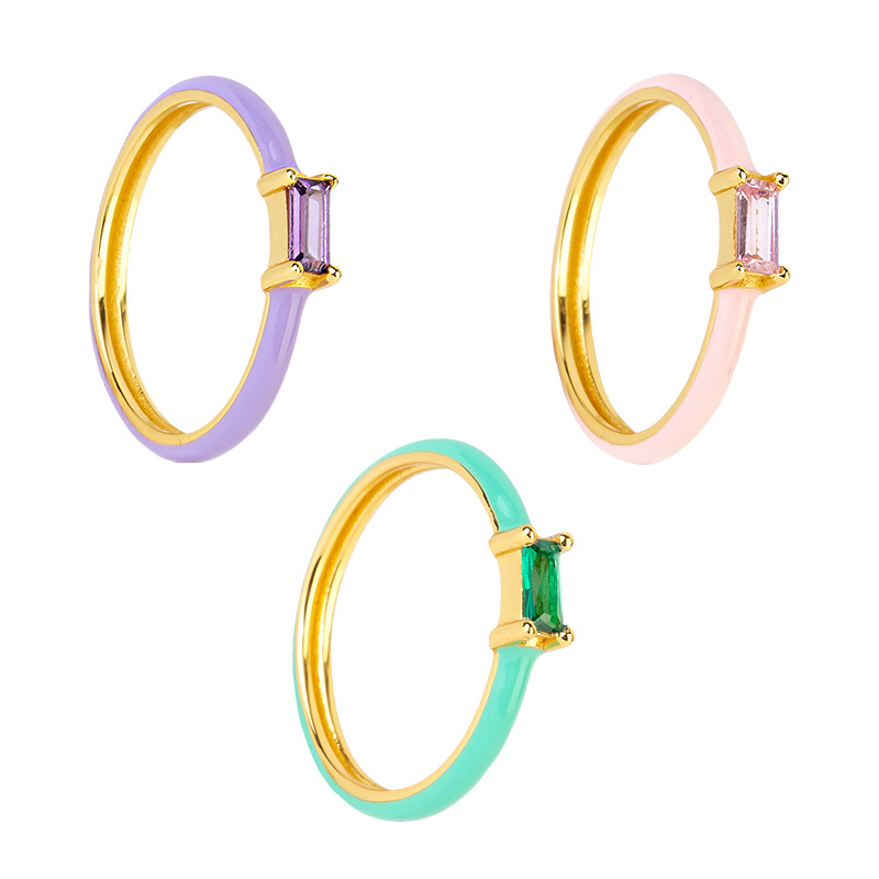 Colorful Epoxy 18k Gold Copper Ring European And American Inlaid Square Zircon Index Finger Ring display picture 7