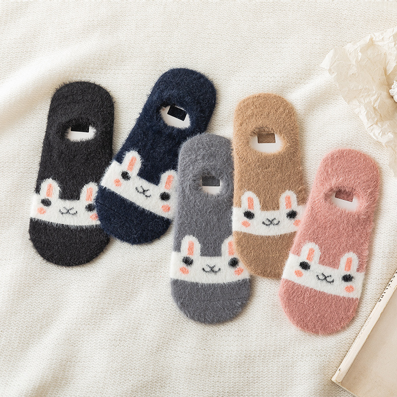 Mink fur socks women's autumn and winter thick velvet warm socks cute cartoon rabbit fur socks invisible boat Socks wool socks