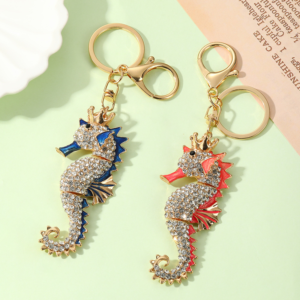 Luxury Creative Ocean Series Seahorse Rhinestone Metal Keychain Ring Car Backpack Key Pendant Wholesale_voghion.com