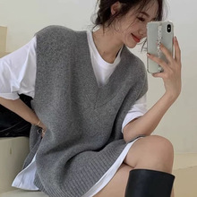 秋冬新女羊毛马甲中长款叠穿背心V领坎肩无袖宽松上衣针织衫休闲